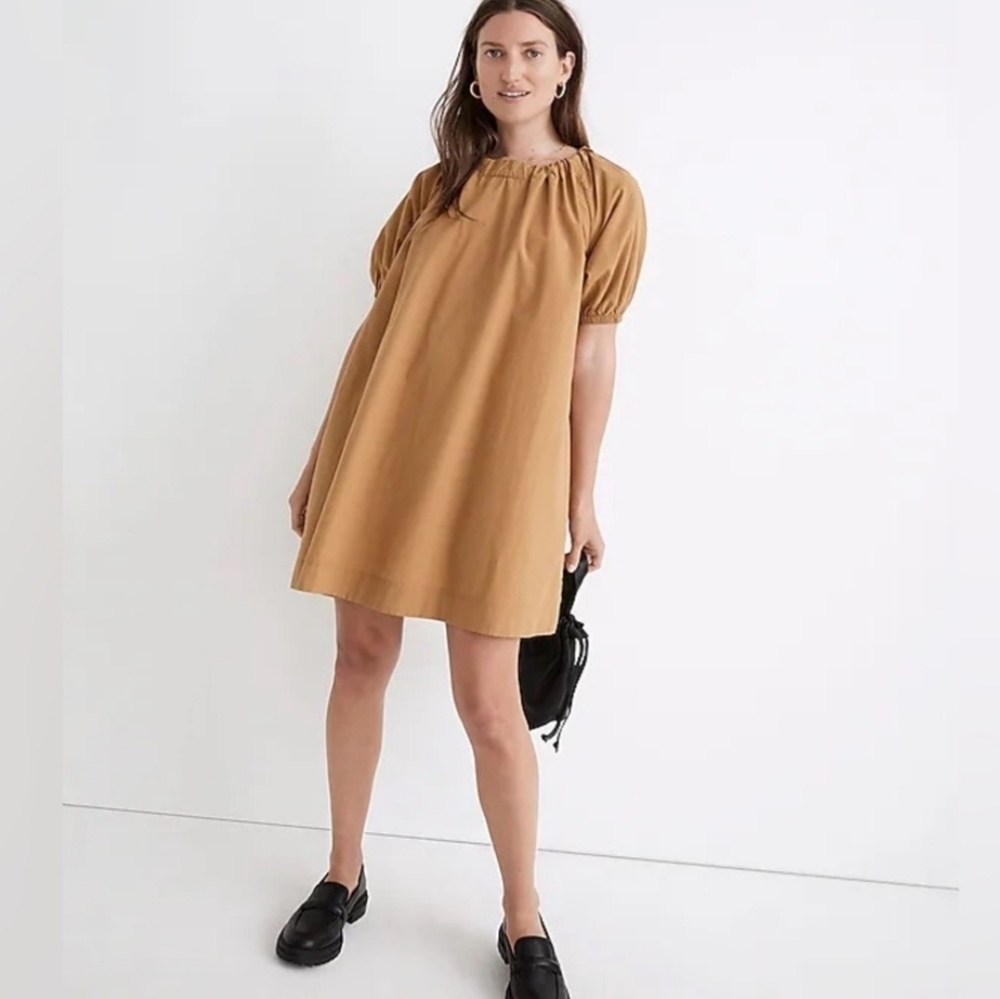 Madewell Poplin Puff Sleeve Mini Dress Size Small Tie Neck Pockets Neutral Toffe